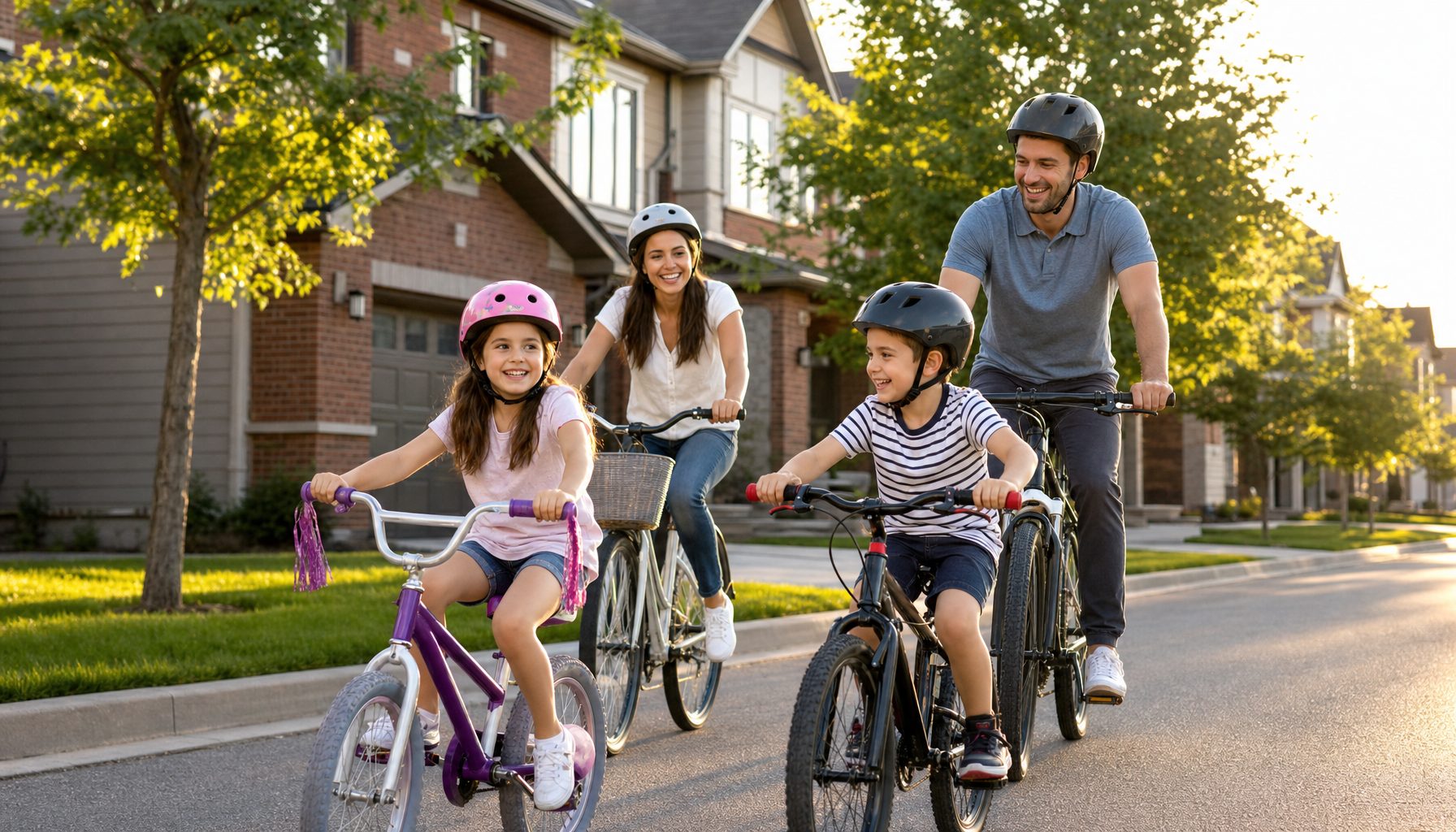 Family riding bikes on a quiet street in front of two-storey townhomes