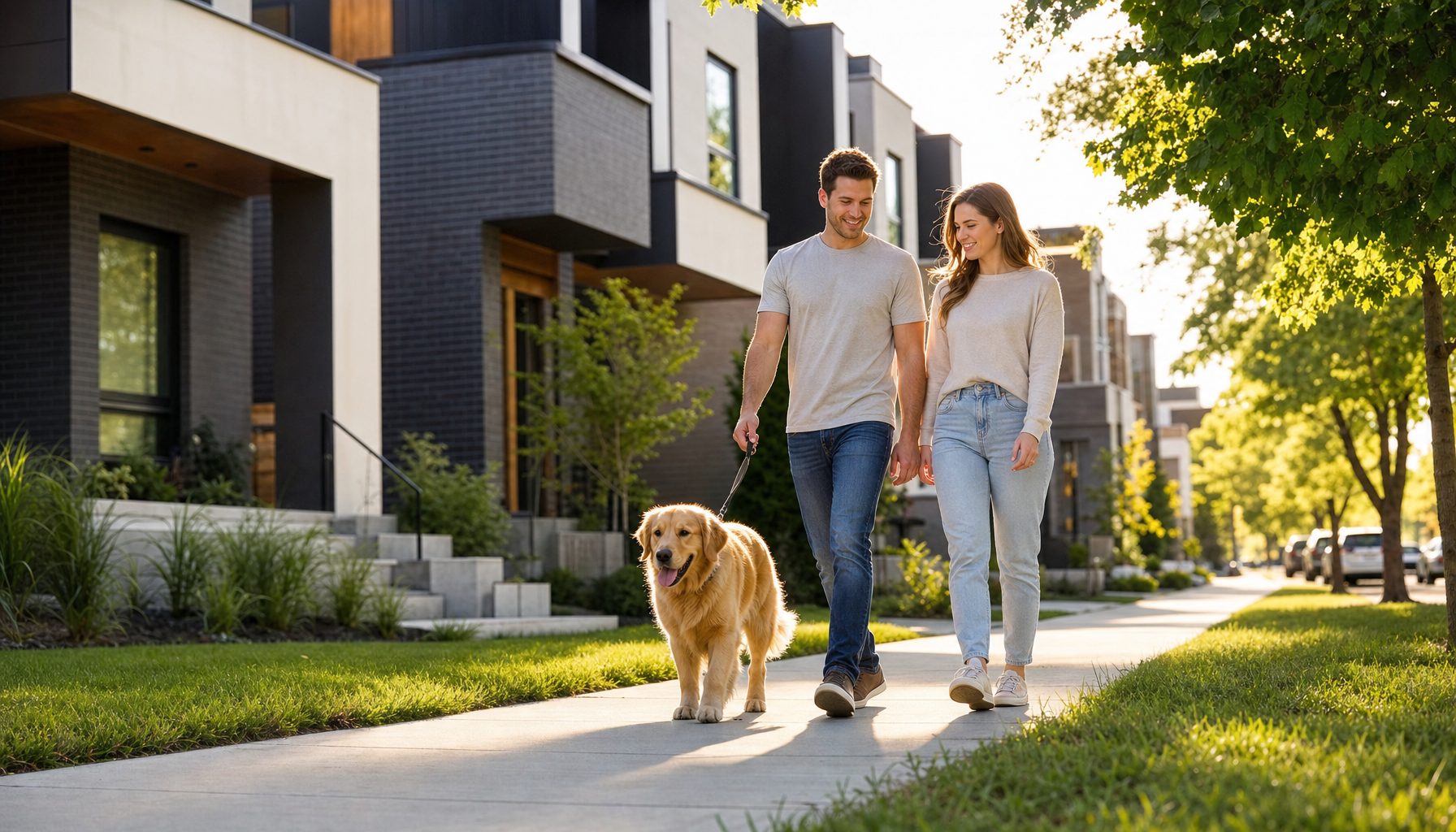 Couple walking their dog past modern stacked townhomes