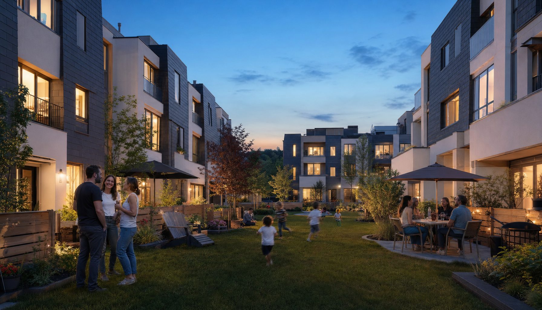Neighbours and children on the courtyard green at dusk between stacked townhomes