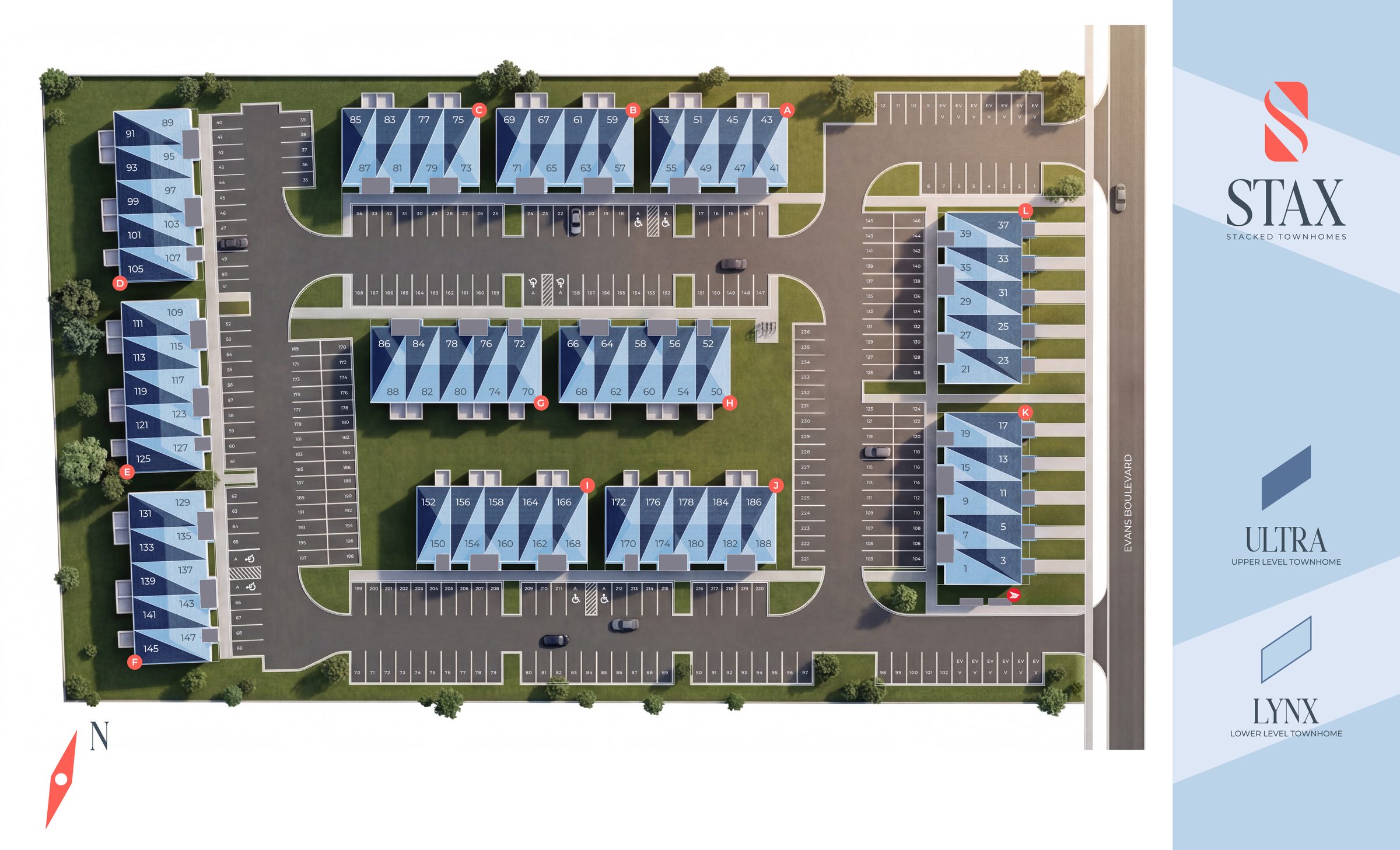 Stax Stacked Townhomes site plan with civic numbers
