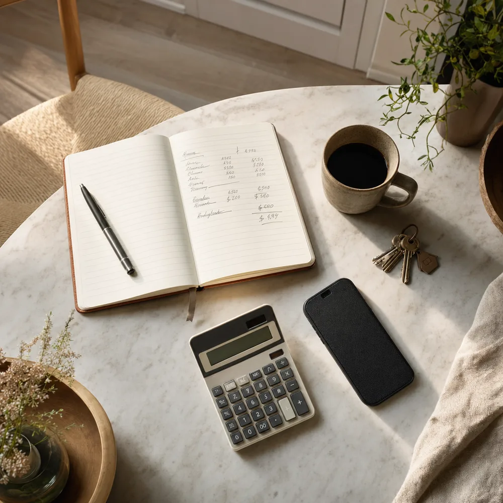 Notebook, calculator and house keys on a kitchen table