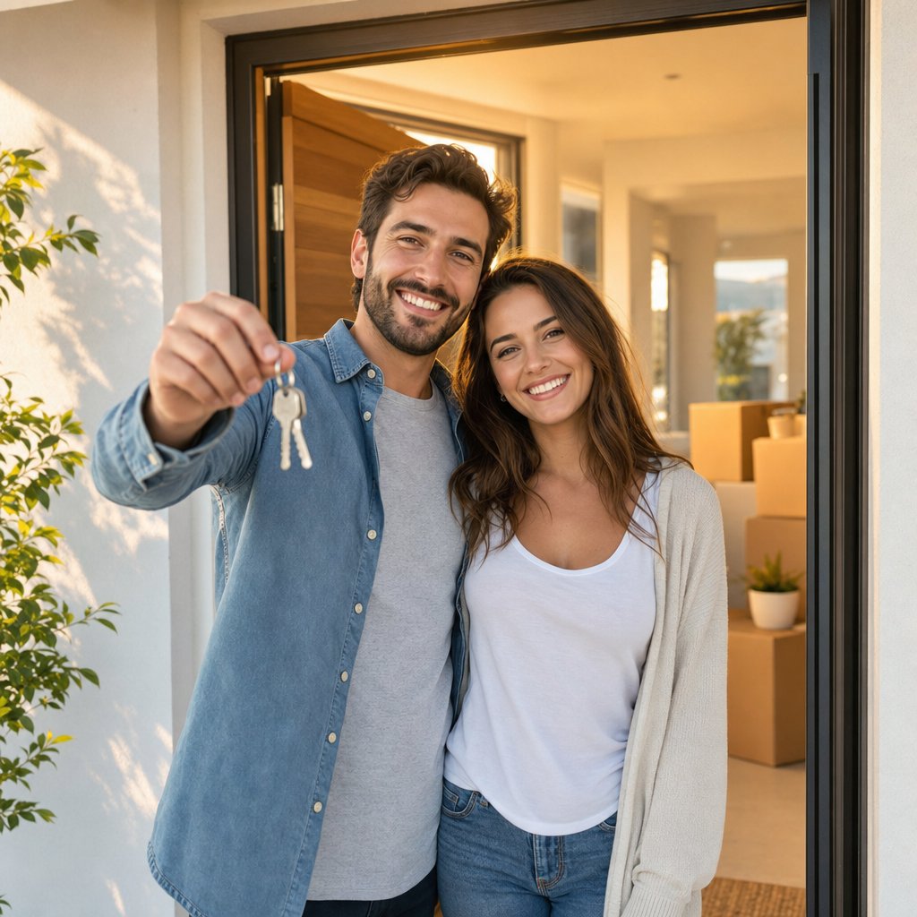 Couple holding keys at the front door of their new home