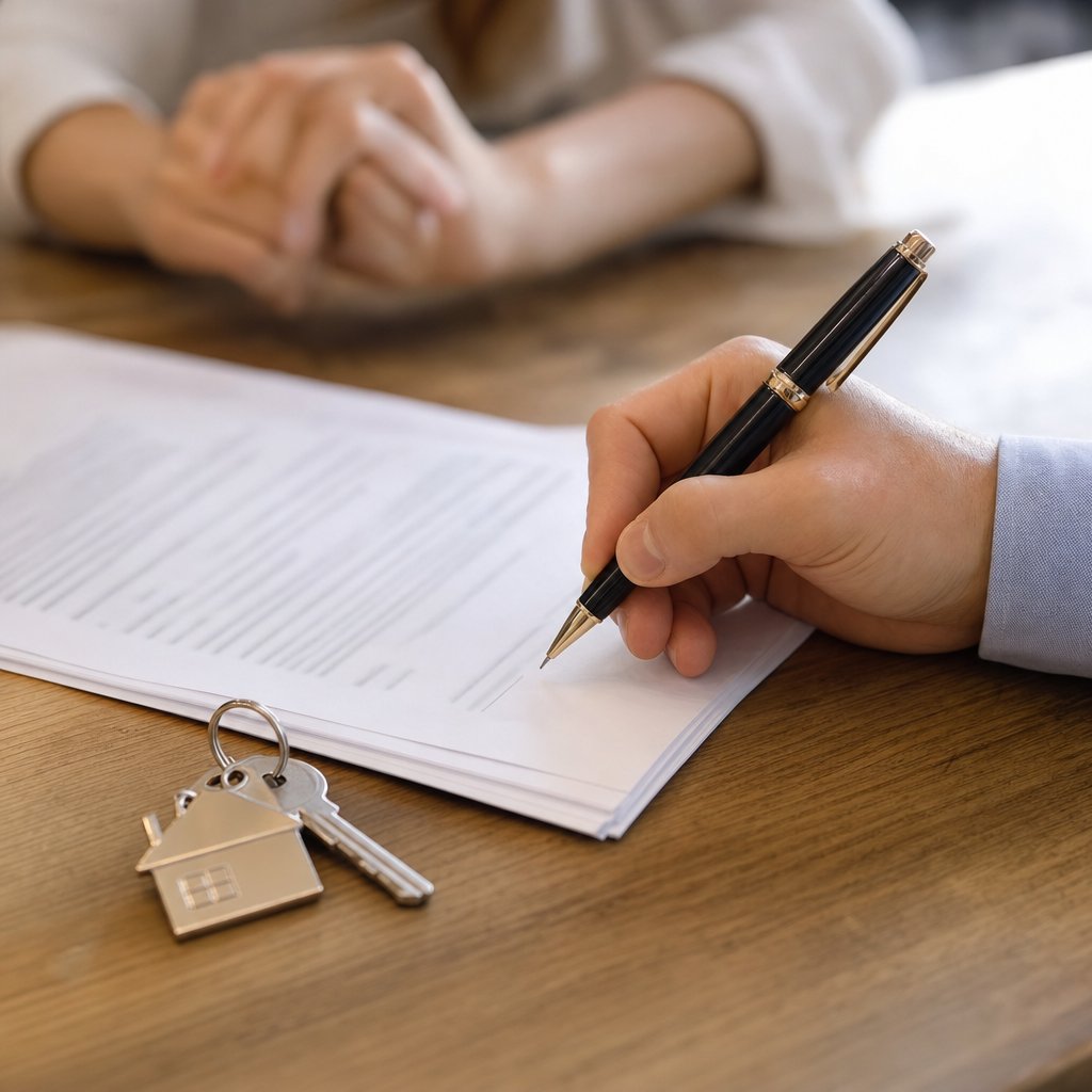 Signing the agreement with new home keys on the table