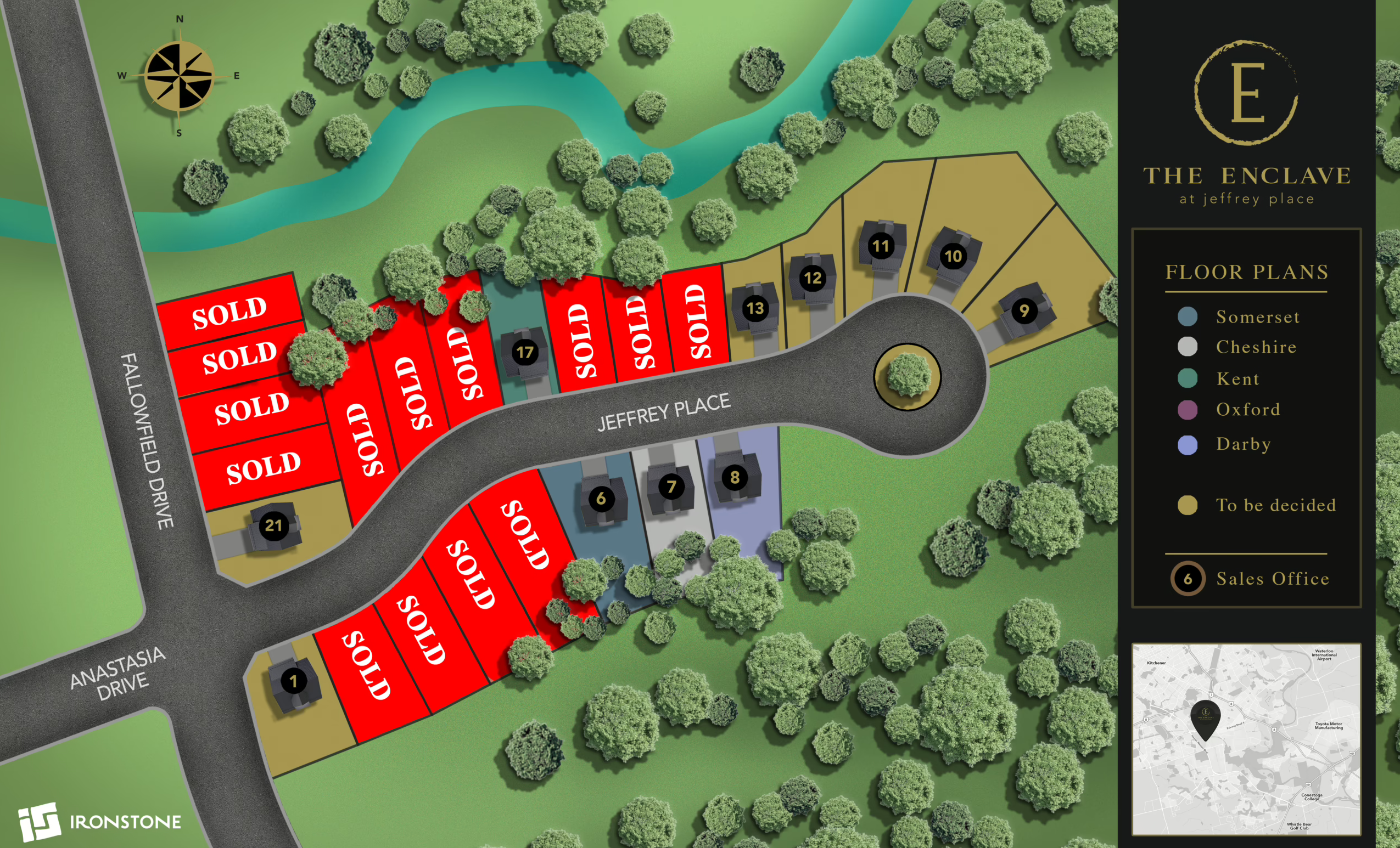 The Enclave at Jeffrey Place, site plan showing Jeffrey Place cul-de-sac with lot availability